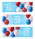 Set of horizontal Independence day panoramic banners with color balloons and confetti on blue sky background