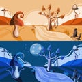 A set of horizontal landscapes with mushrooms. Planet of giant mushrooms. Afternoon and night landscape