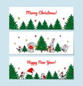 Set of horizontal Merry Christmas and Happy New Year greeting cards with cute animals and Christmas tree. Hand drawn vector Royalty Free Stock Photo