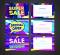 Set of horizontal personalized creative glitch cards. Glitch textures. Collection voucher for offer, discount, supe