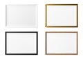 Set of horizontal picture frames isolated on white background. White, black, shiny golden and wooden frames with white Royalty Free Stock Photo