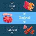 Set of 3 horizontal seafood banners with lobster, shrimps, tuna, salmon and so. Vector illustration, eps10. Royalty Free Stock Photo