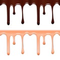 Set of horizontal seamless drip glaze. Chocolate and pink smudges on white background.