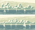 Horizontal banners with sailboats and cumulus clouds.