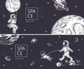 Set of horizontal space banners.Outline astronaut, planets, satellites, flying saucers.