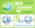 Set horizontal, square posters World environment day with line drawn vector illustration, lettering and earth Royalty Free Stock Photo
