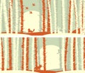 Set of horizontal stylized banners with birch trunks and animals