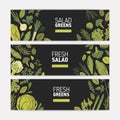 Set of horizontal web banner templates with green vegetables, fresh salad leaves and spice herbs on black background Royalty Free Stock Photo