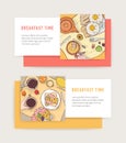 Set of horizontal web banner templates with tasty breakfast meals lying on plates - fried eggs, toasts, sandwiches Royalty Free Stock Photo