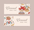 Set of horizontal web banner templates with traditional Venetian masks, cap and bells and costumes for carnival, Mardi