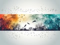 Horizontal wide banners of tree branches and flock of birds Made With Generative AI illustration