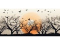 Horizontal wide banners of tree branches and flock of birds Made With Generative AI illustration