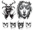 Demons skull tattoo flash set.