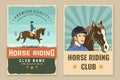 Set of Horse racing sport club retro posters. Vector illustration. Vintage equestrian label, sticker with rider and