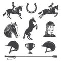 Set of Horse riding sport icon. Vector illustration. Vintage monochrome equestrian icon, sign with rider, horseshoe Royalty Free Stock Photo