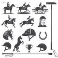 Set of Horse riding sport icon. Vector illustration. Vintage monochrome equestrian icon, sign with rider, horseshoe Royalty Free Stock Photo