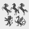 Set of horse silhouettes, dragon, lion