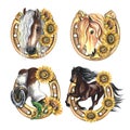 A set of horseshoes depicting a horse in sunflowers. Hand watercolor. Isolate. Talisman of good luck. For stickers and Royalty Free Stock Photo