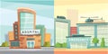 Set Hospital building cartoon modern vector illustration. Medical Clinic and city background. Emergency room exterior. Royalty Free Stock Photo