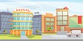 Set Hospital building cartoon modern vector illustration. Medical Clinic and city background. Emergency room exterior. Royalty Free Stock Photo