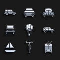 Set Hot air balloon, Bicycle, Trolleybus, Hatchback car, Yacht sailboat or sailing ship, Car, Volkswagen beetle and Off