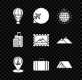 Set Hot air balloon, Globe with flying plane, Map pointer Eiffel tower, Suitcase for travel, Tourist tent, and Postal