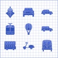 Set Hot air balloon, Scooter, Retro minivan, Off road car, Double decker bus, Tram and railway, Hatchback and Cargo ship