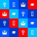 Set Hot air balloon, Smartphone with contacts, Mail and e-mail and Graduation cap icon. Vector Royalty Free Stock Photo