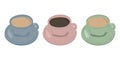 The set of hot beverages in pastel-colored cups