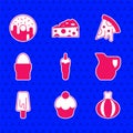 Set Hot chili pepper, Muffin, Onion, Jug glass with milk, Ice cream, Chicken egg stand, Slice of pizza and Donut icon