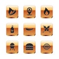 Set Hot chili pepper pod, Barbecue grill, Burger, Ketchup bottle, Fire flame, and Location with barbecue icon. Vector Royalty Free Stock Photo