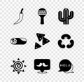 Set Hot chili pepper pod, Maracas, Cactus, Sun, Mustache, Hola, Burrito and Nachos icon. Vector