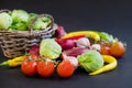 Set of hot chili peppers, cabbage and cherry tomatoes. Peppers of red and green color by tomato berries. Spicy Royalty Free Stock Photo