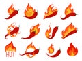 Set of hot chili peppers on fire. Icons for spicy pepper food