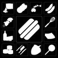 Set of Hot dog, Jawbreaker, Hazelnut, Knives, Sushi, Bacon, Dairy, Whisk, Kebab, editable icon pack