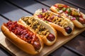 Set of hot dogs with sauces on wooden tray. Generative AI Royalty Free Stock Photo
