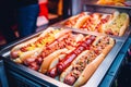 Set of hot dogs with sauces on wooden tray. Generative AI Royalty Free Stock Photo