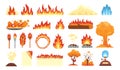 Set of hot flaming elements. Vector collection of fire flame icons in cartoon style. Flames of different shapes, forest