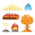 Set of hot flaming elements. Vector collection of fire flame icons in cartoon style. Flames of different shapes, forest Royalty Free Stock Photo