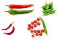 Set of hot peppers large pod parallel green green chile set peas pod branch of cherry tomatoes culinary collage on white Royalty Free Stock Photo