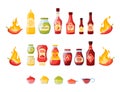 Set of Hot Sauces in Jars, Bottles, Bowls, Red Chili Pepper in Fire, Wasabi, Mustard in Tube, Bbq or Soy Condiments