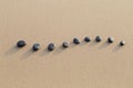 set of hot stone on white sand calm beach in backbone shape. selective focus, spa concept