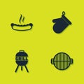 Set Hotdog sandwich, Barbecue grill, and Oven glove icon. Vector