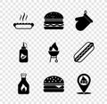 Set Hotdog sandwich, Burger, Oven glove, Ketchup bottle, Location with barbecue, and Barbecue grill icon. Vector