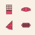 Set Hotdog sandwich, Chocolate bar, Croissant and Slice of pizza icon. Vector