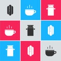 Set Hotdog sandwich, Coffee cup and Can container for milk icon. Vector