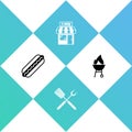Set Hotdog sandwich, Crossed fork spatula, Barbecue shopping building and grill icon. Vector