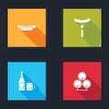 Set Hotdog sandwich, Sausage on the fork, Beer bottle glass and Wooden barrels icon. Vector Royalty Free Stock Photo