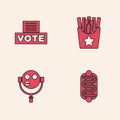 Set Hotdog sandwich, Vote box, Potatoes french fries in and Tourist binoculars icon. Vector
