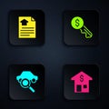 Set House with dollar, contract, Car sharing and Rent key. Black square button. Vector Royalty Free Stock Photo